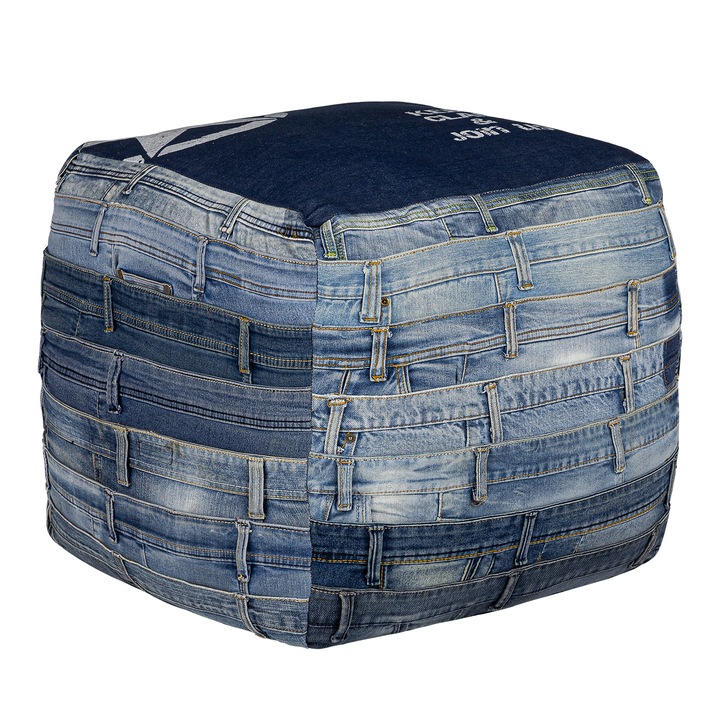 Taburet tapitat tip cub Pittsburgh WOMO-DESIGN 45x45x45 cm patrat albastru, umplutura manuala din bumbac, stil vintage, puf suport textil pentru picioare din denim, scaun otoman pentru sufragerie si intrare