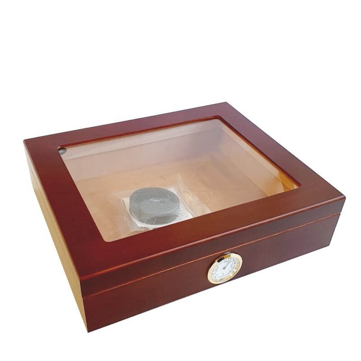 Кутия за пури Eleon 920030, хумидор с външен влагомер, прозрачен капак, 20 пури, махагон