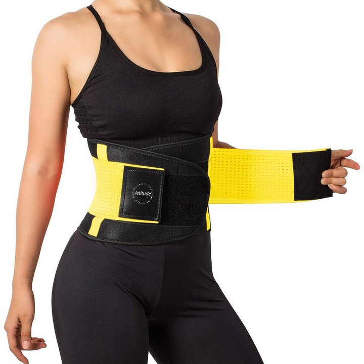 Premium Jetitude фитнес коремен колан за отслабване, оформяне на талията или неопренов корсет за лумбална опора със система за двойна компресия, размер S, жълт