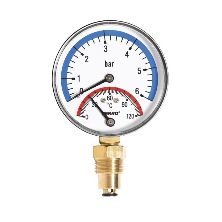 Термоманометър FERRO TM80, Радиален монтаж, R 1/2 120°C, 0-6 бара, 80 мм
