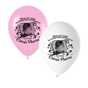 Set 14 baloane personalizate cu fotografie, Personalizari Cadouri, tematica botez, culoare alb si roz Set 14 baloane personalizate cu fotografie, Personalizari Cadouri, tematica botez, culoare alb si roz