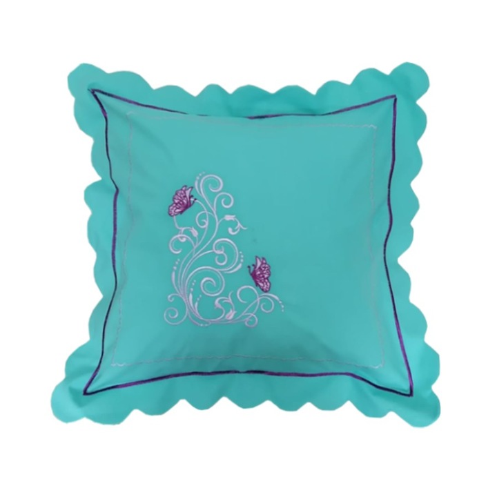 Fata perna Eva, broderie, turcoaz/mov, bumbac 100%, satinat, 45/45 cm