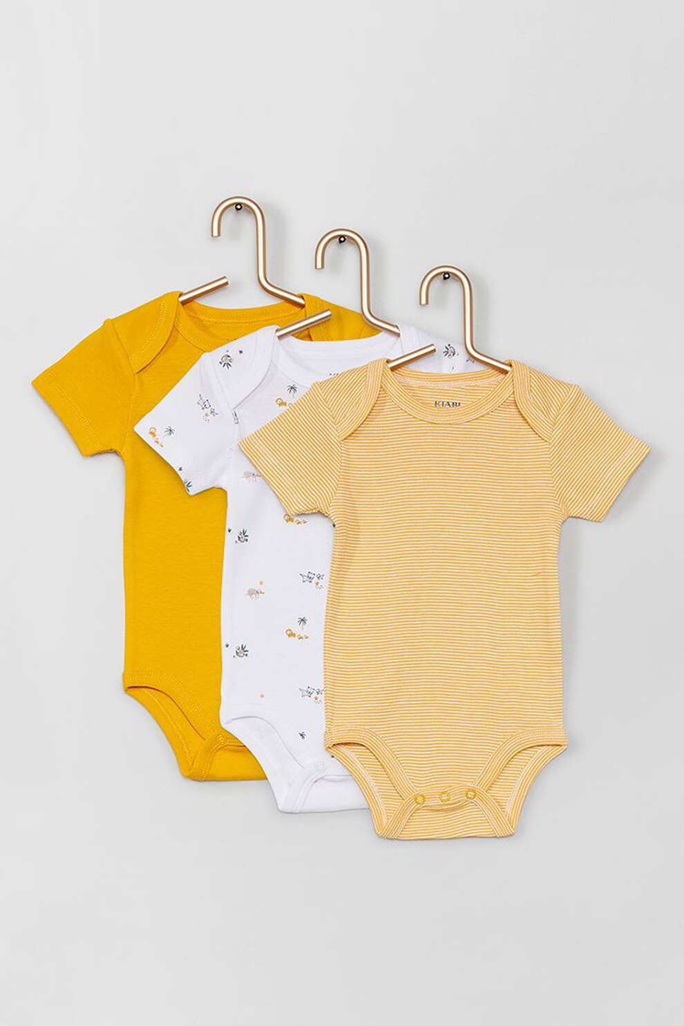 KIABI, Set de 3 body-uri cu maneci scurte, fete, cu imprimeu, Galben/Roz, Alb/Galben mustar