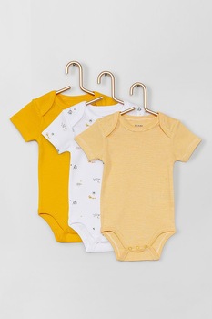 KIABI, Set de 3 body-uri cu maneci scurte, fete, cu imprimeu, Galben/Roz, Alb/Galben mustar KIABI, Set de 3 body-uri cu maneci scurte, fete, cu imprimeu, Galben/Roz, Alb/Galben mustar
