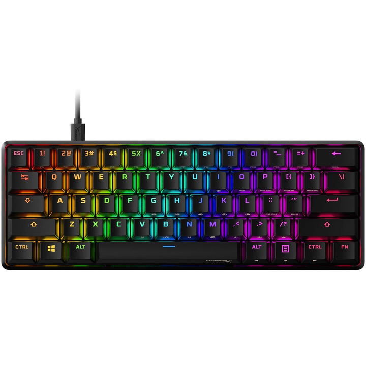 Tastatura gaming mecanica HyperX Alloy Origins 60 RGB, switch HX Red - Linear, soft NGENUITY, cablu USB-C detasabil, taste PBT double-shot, layout US, negru