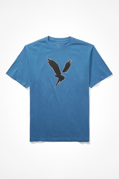 American Eagle, Tricou cu decolteu la baza gatului si imprimeu logo, Albastru/Negru American Eagle, Tricou cu decolteu la baza gatului si imprimeu logo, Albastru/Negru