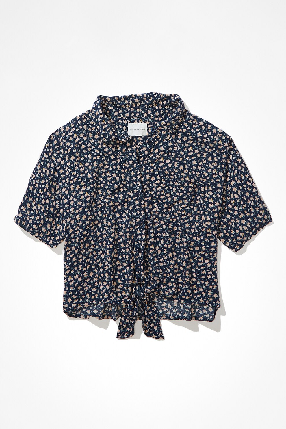 American Eagle, Camasa lejera cu imprimeu si cordon in talie, Bleumarin