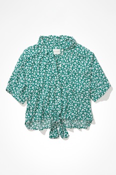 American Eagle, Camasa lejera cu imprimeu si cordon in talie, Verde American Eagle, Camasa lejera cu imprimeu si cordon in talie, Verde