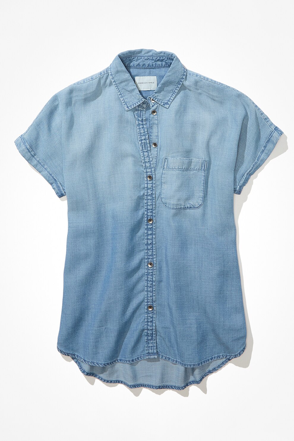 American Eagle, Camasa din material chambray cu terminatie asimetrica rotunda, Albastru deschis