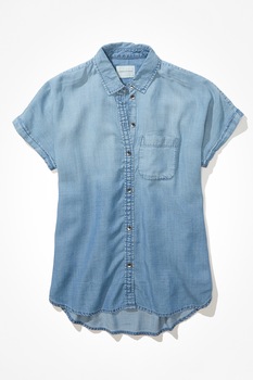 American Eagle, Camasa din material chambray cu terminatie asimetrica rotunda, Albastru deschis American Eagle, Camasa din material chambray cu terminatie asimetrica rotunda, Albastru deschis