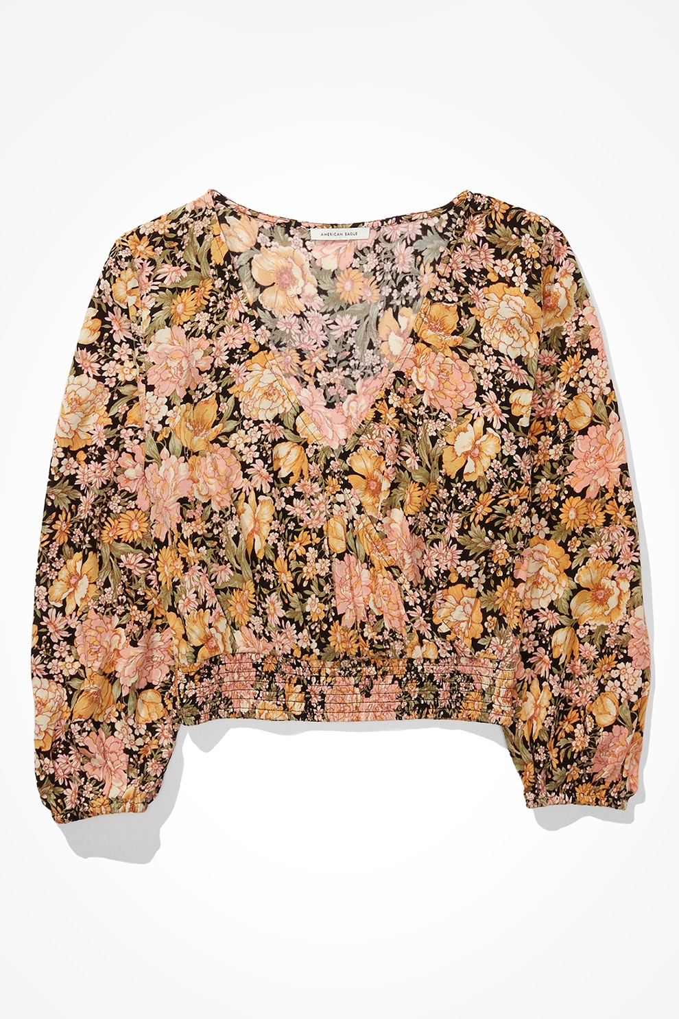 American Eagle, Bluza petrecuta cu imprimeu floral, Ocru/Negru