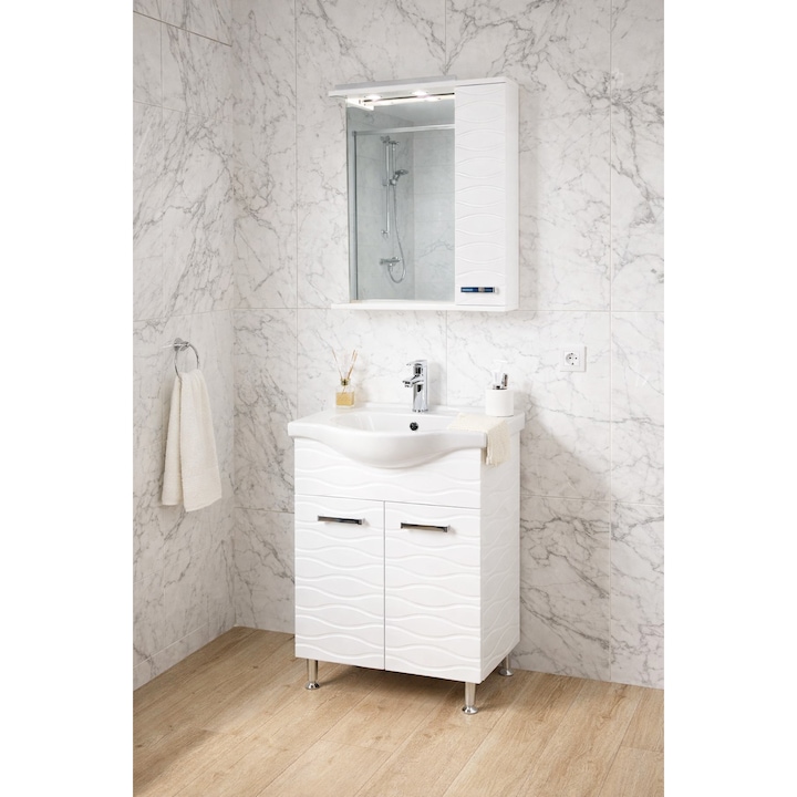 Set baza cu lavoar si oglinda, seria 144, 65cm, Badenmob, alb