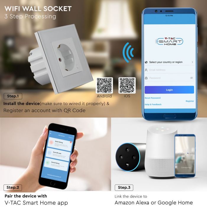 8798 - V-Tac Smart Wireless Socket IP20  Alexa Google Home