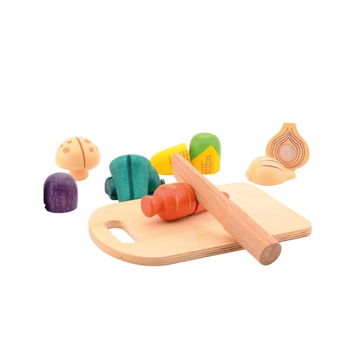 Set, Joueco, Legume feliate cu inchidere arici velcro, Din lemn certificat FSC, 12 luni+, 14 piese, Multicolor