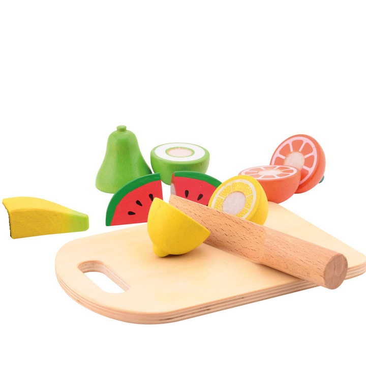 Set, Joueco, fructe feliate cu inchidere arici velcro, Din lemn lemn certificat FSC, 12 luni+, 14 piese, Multicolor