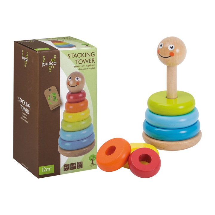 Играчка, Joueco, образователна FSC сертифицирана дървена пирамида Rainbow, 20x10.5cm, 12 месеца+, 8 части, Многоцветни