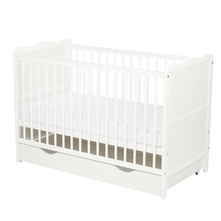 Легло Qmini Julia 120x60 см, Дърво, Мултифункционално, С чекмедже, Бял, Матрак 12 см