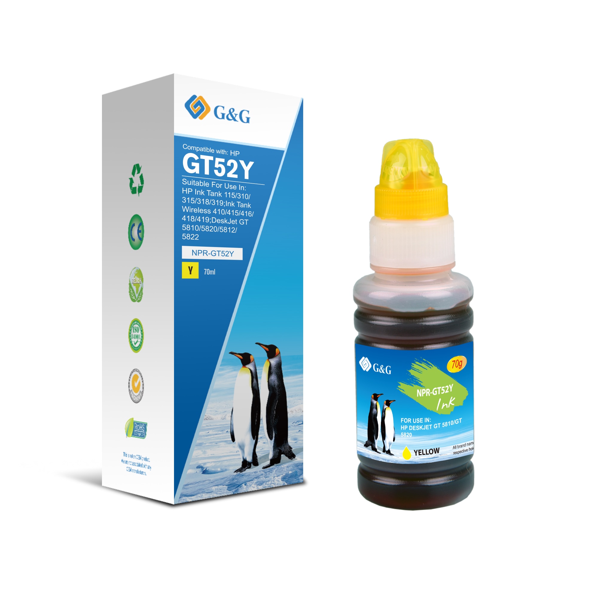 Flacon cerneala G&G compatibil cu HP Deskjet GT5810, GT52 M0H56AE, 70 ml, yellow