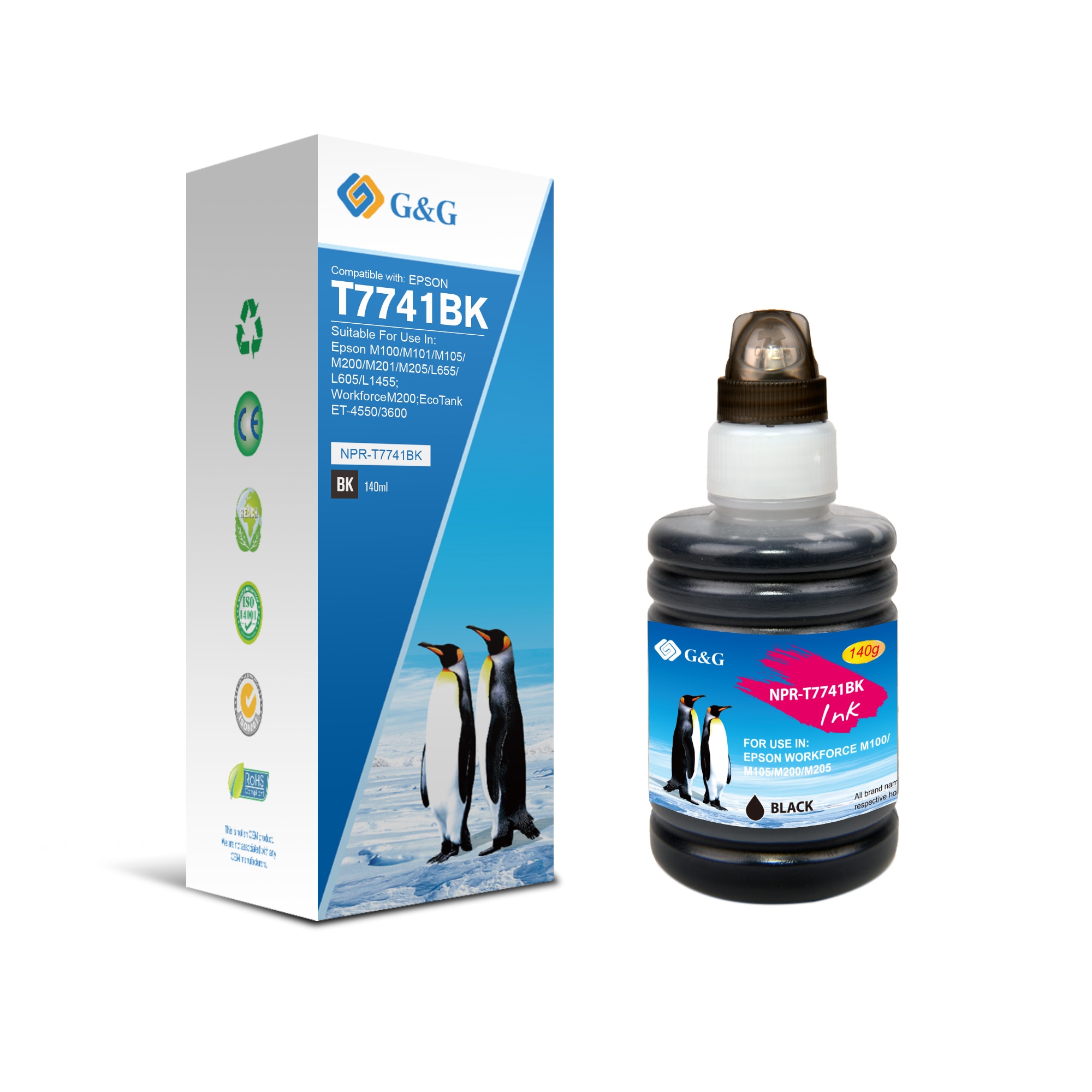 Flacon cerneala pigment G&G compatibil cu Epson M105, C13T77414A, 140 ml, black