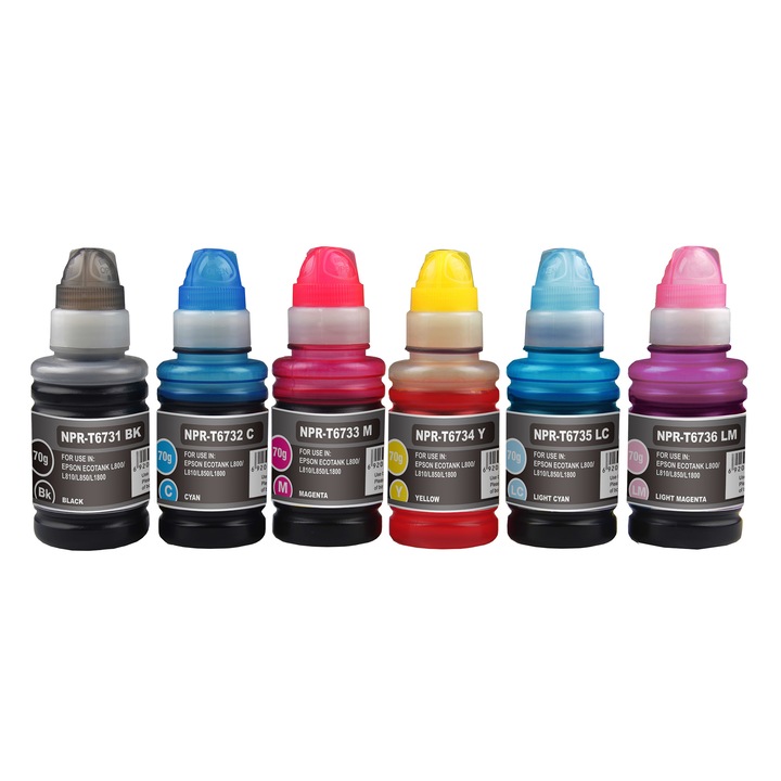 Set flacon cerneala refill G&G compatibil cu Epson L800 CISS, black C13T67314A10, cyan C13T67324A10, magenta C13T67334A10, yellow C13T67344A10, light cyan C13T67354A10, light magenta C13T67364A10, 70 ml