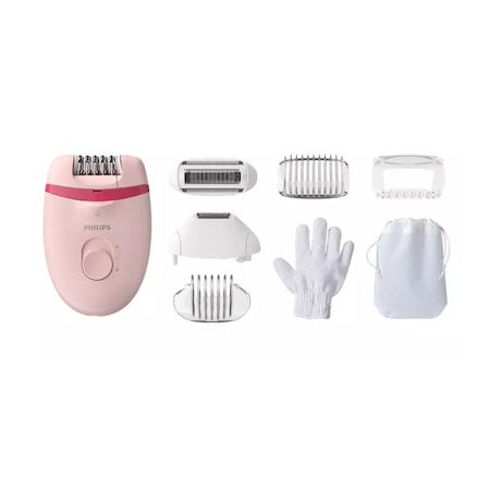 Epilator profesional Philips compact cu fir si Functie Opti-Light, 7 Accesorii incluse, Lumina Integrata, 2 Setari de Viteza, Maner Ergonomic, Cap Lavabil, Tensiune 15 V, Roz