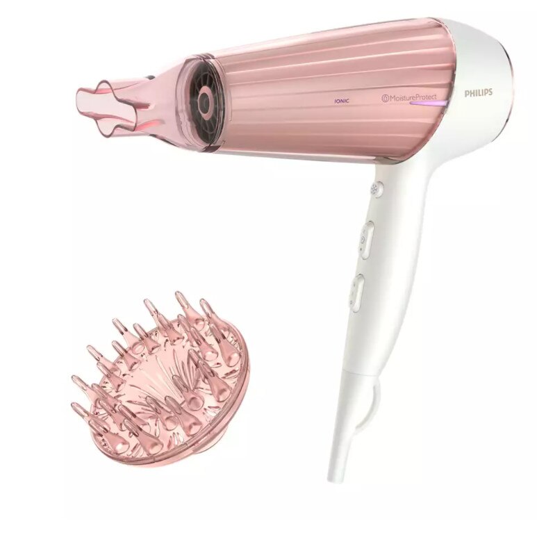 Uscator Philips de par cu Tehnologie MoistureProtect, Putere de 2300 W, Ingrijire ioni, Cablu 2.5 m , Tensiune 220-240 V, Aer rece, 6 setari caldura/viteza, Alb