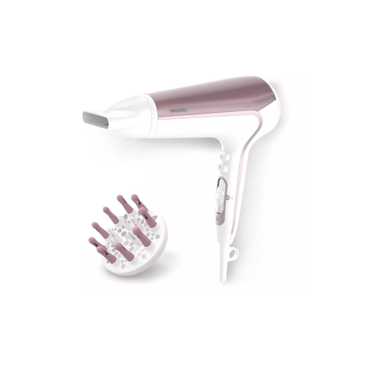 Uscator profesional Philips Tehnologie DryCare, Senzor ThermoBalance, Putere de 2200 W, Ionizare, Aer rece, 3 Setari Temperatura, 2 Setari viteza, Culoare Alb