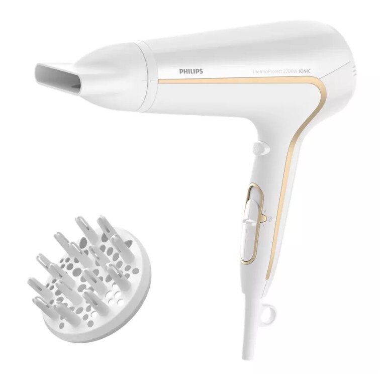 Uscator profesional Philips de par, Tehnologii ThermoProtect , Difuzor de volum, Putere 2200 W cu Motor CC, 220 - 240 V, Lungime cablu 1.8 m, Invelis Ceramic, Culoare Alb