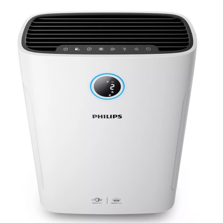 Umidificator Philips, Acopera 60 m2/645 ft2, Purificare, Afisaj Umiditate Aer, Mod Nocturn, Mod Automat, Silentios, 4 Setari de Turatie, Cronometru, Motor CC, Alb