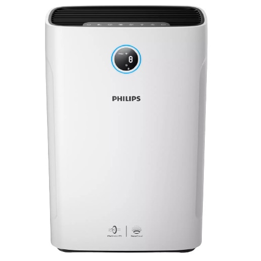 Purificator si Umidificator de aer 2 in 1 Philips, Afisaj Calitate, 3 Moduri Automate cu Motor CC, Functie Cronometru, Senzor PM2.5, Lungime Cablu 1.8 m, Panou Tactil, Alb