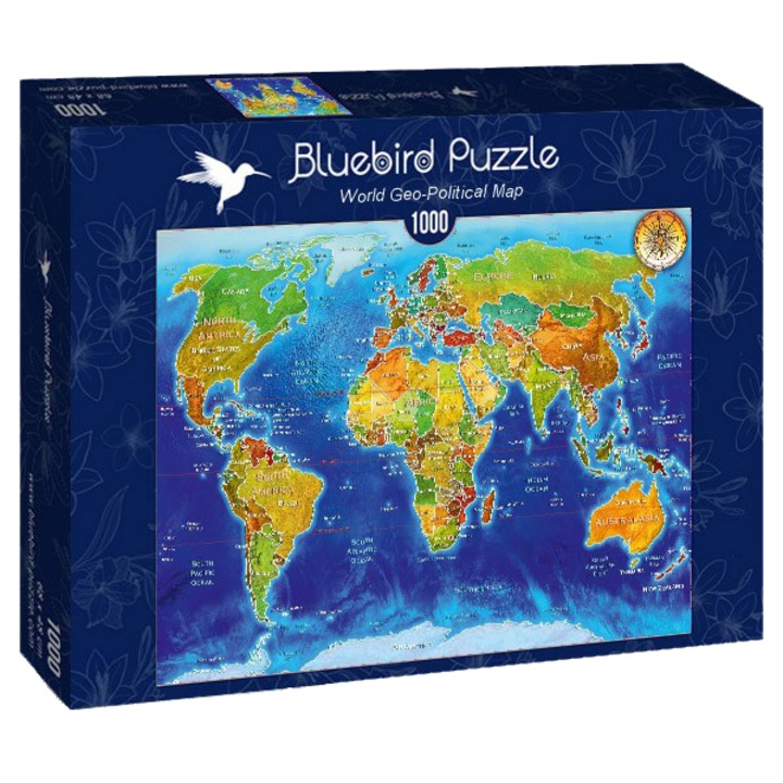 Puzzle Bluebird - Adrian Chesterman, World geo-political map, 1000 piese