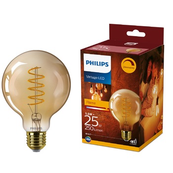 Bec LED vintage (decorativ) Philips Classic, EyeComfort, dimabil, G93, E27, 5.5W (25W), 250 lm, lumina calda flacara (2000K), Gold, 14 cm Bec LED vintage (decorativ) Philips Classic, EyeComfort, dimabil, G93, E27, 5.5W (25W), 250 lm, lumina calda flacara (2000K), Gold, 14 cm