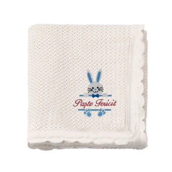 Paturica tricotata bebe, LWS, bumbac, brodata, model Iepuras Paste fericit, 70x90 cm Paturica tricotata bebe, LWS, bumbac, brodata, model Iepuras Paste fericit, 70x90 cm