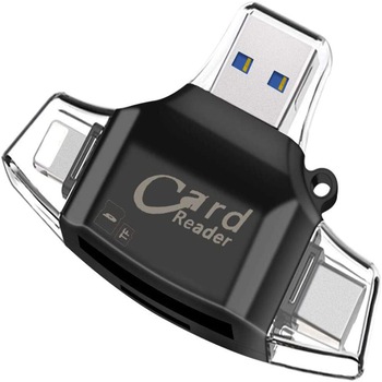 Card Reader 4 in 1 Multi Device, SD MicroSD, Conectare USB 3.0, Micro USB, USB Type-C si iPhone Lightning, Negru Card Reader 4 in 1 Multi Device, SD MicroSD, Conectare USB 3.0, Micro USB, USB Type-C si iPhone Lightning, Negru