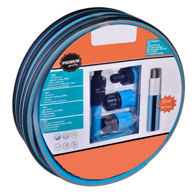 Furtun antitorsiune de udare gradina cu conectori si presiune mare, pentru gazon, 30 bar, 20 m, Albastru/Negru, 4 conectori