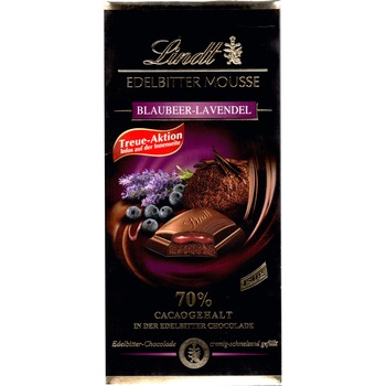 Ciocolata amaruie cu afine si lavanda Lindt 70% cacao, 150g Ciocolata amaruie cu afine si lavanda Lindt 70% cacao, 150g