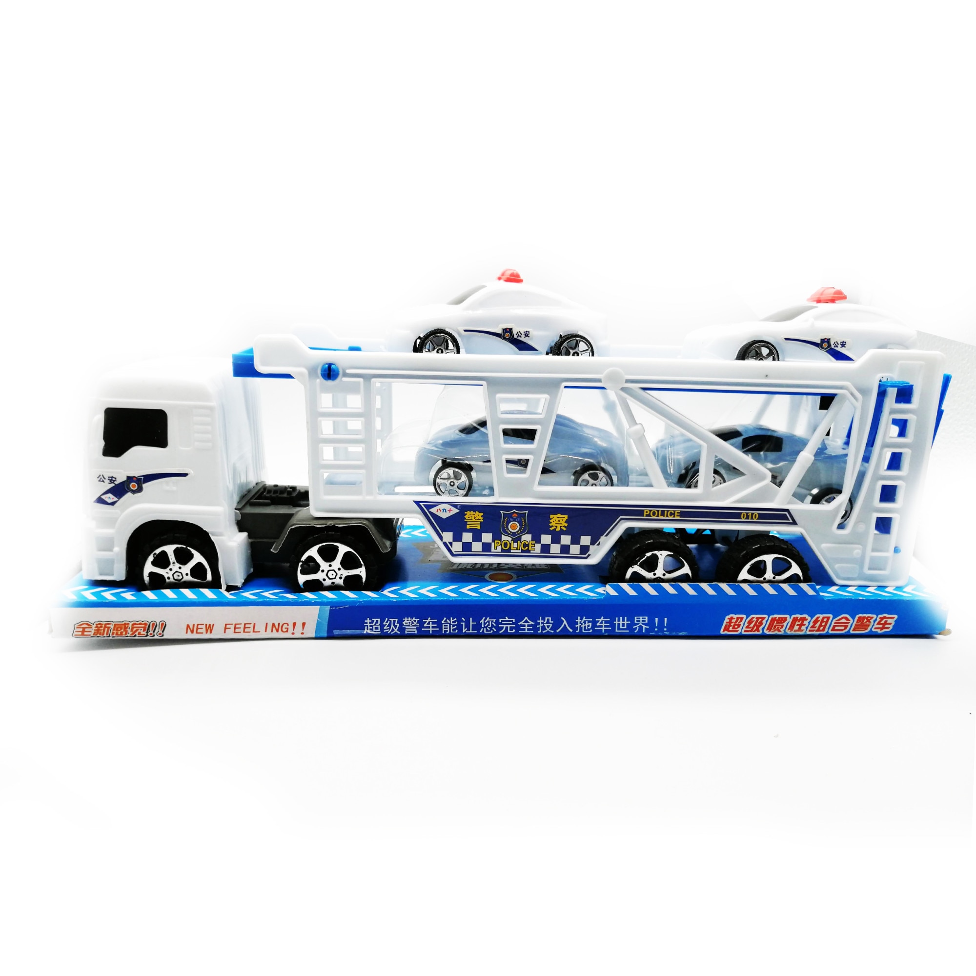 Set camion transportator de autovehicule, Police, 35 cm, cu 4 masini transportate, 5 piese