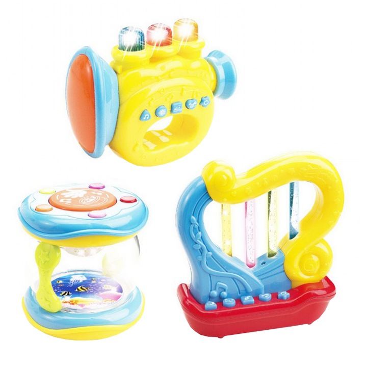 M-Toys baba játék készlet, trombita, hárfa és dob fényekkel és hangokkal