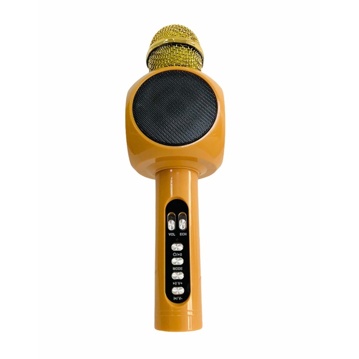 Microfon wireless pentru Karaoke cu acumulator, conectare bluetooth, boxe si lumini incorporate, Gold
