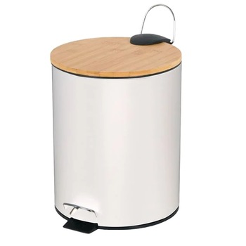 Cos de gunoi pentru baie cu capac tip bambus si pedala de picior, 5 Litri, Metalic, Alb Mat, 25.3x20.3 cm Cos de gunoi pentru baie cu capac tip bambus si pedala de picior, 5 Litri, Metalic, Alb Mat, 25.3x20.3 cm