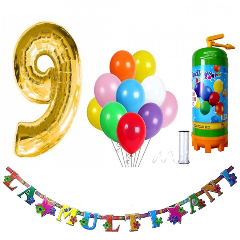 Pebish cup Ban Set butelie heliu, cifra 9 balon folie, banner si 10 baloane latex - eMAG.ro