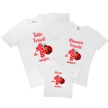 Set tricouri famlilie, albe, aniversare 1 an, personalizabile cu nume Set tricouri famlilie, albe, aniversare 1 an, personalizabile cu nume