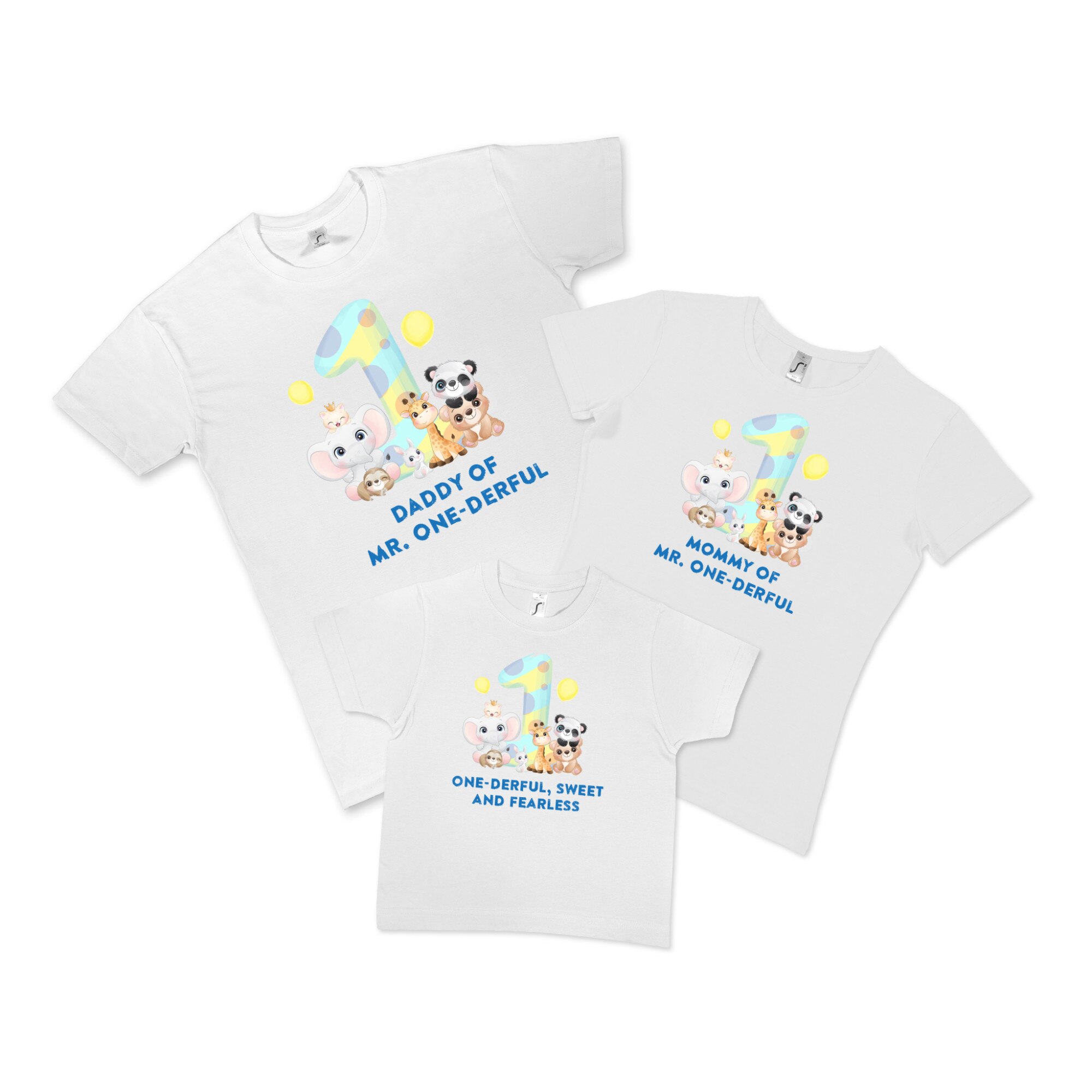 Set tricouri famlilie, albe, aniversare 1 an