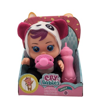 Papusa bebelus plangacios, Cry Babies, cu biberon si suzeta, cu hainuta Panda, alb, pentru copii, 20 cm, + 3 ani Papusa bebelus plangacios, Cry Babies, cu biberon si suzeta, cu hainuta Panda, alb, pentru copii, 20 cm, + 3 ani