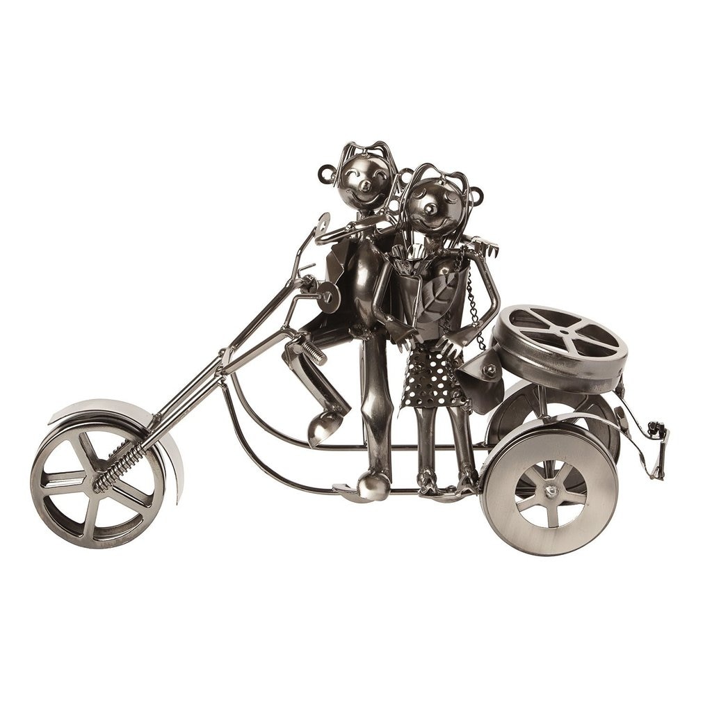 Suport sticla Vin din metal, model Cuplu pe Motor, Argintiu, 20cm x 37cm