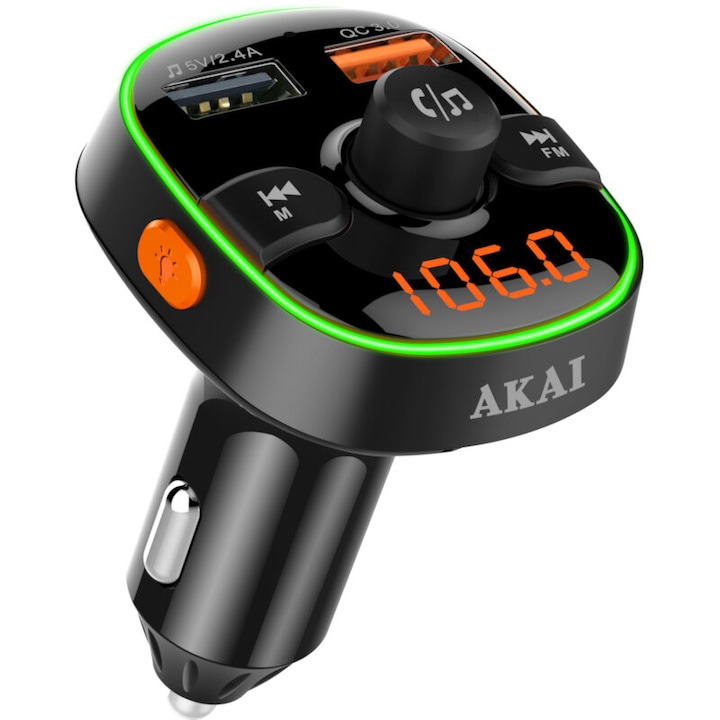 Modulator Auto FM, Bluetooth, 2x USB pentru Incarcare si Redare Muzica, Display LED, Microfon Incorporat pentru Apeluri