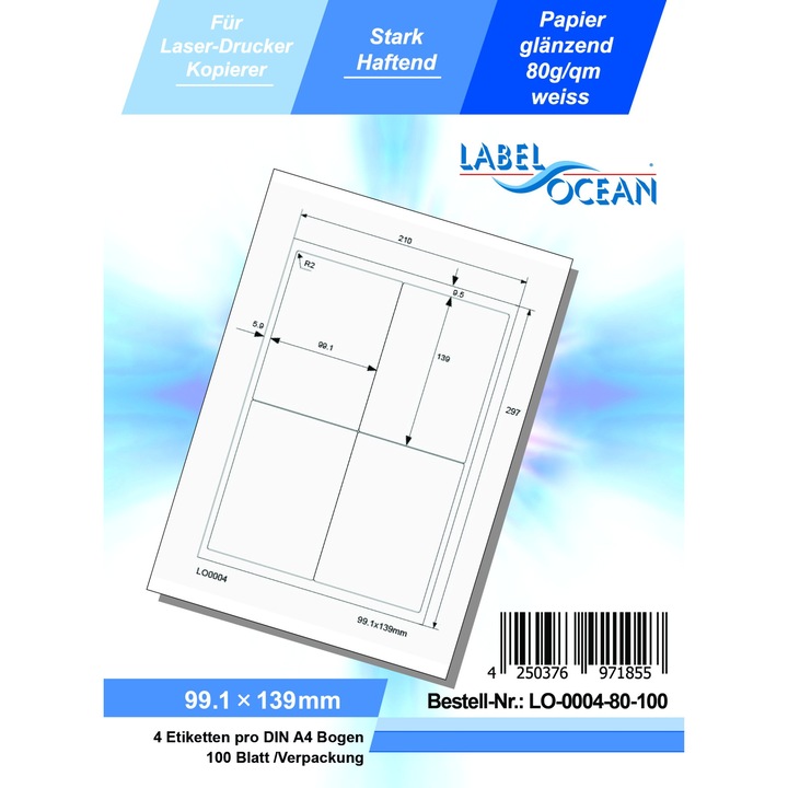 Etichete Autoadezive LabelOcean pe Suport A4 Dimensiuni 99.1x139 mm 100 Coli Lucioase