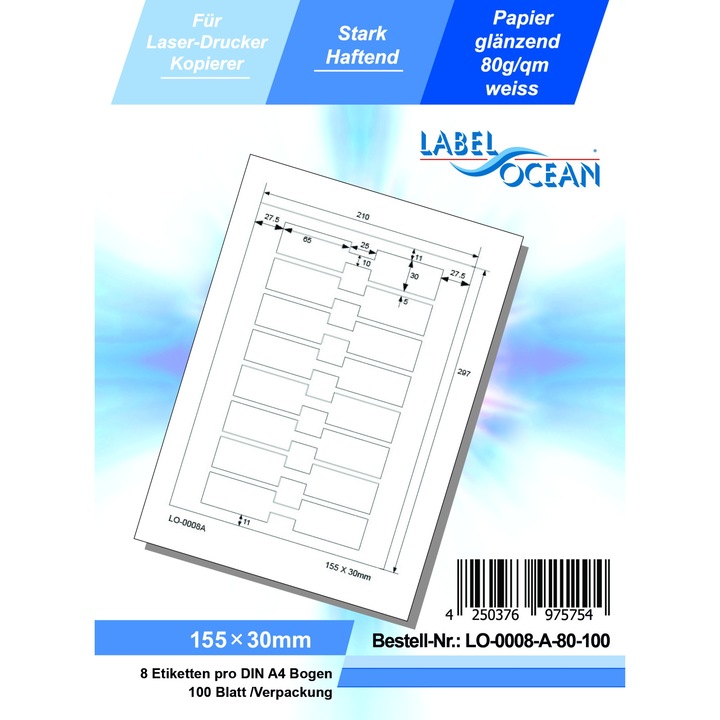 Etichete Autoadezive LabelOcean pe Suport A4 Dimensiuni 155x30 mm 100 Coli Lucioase