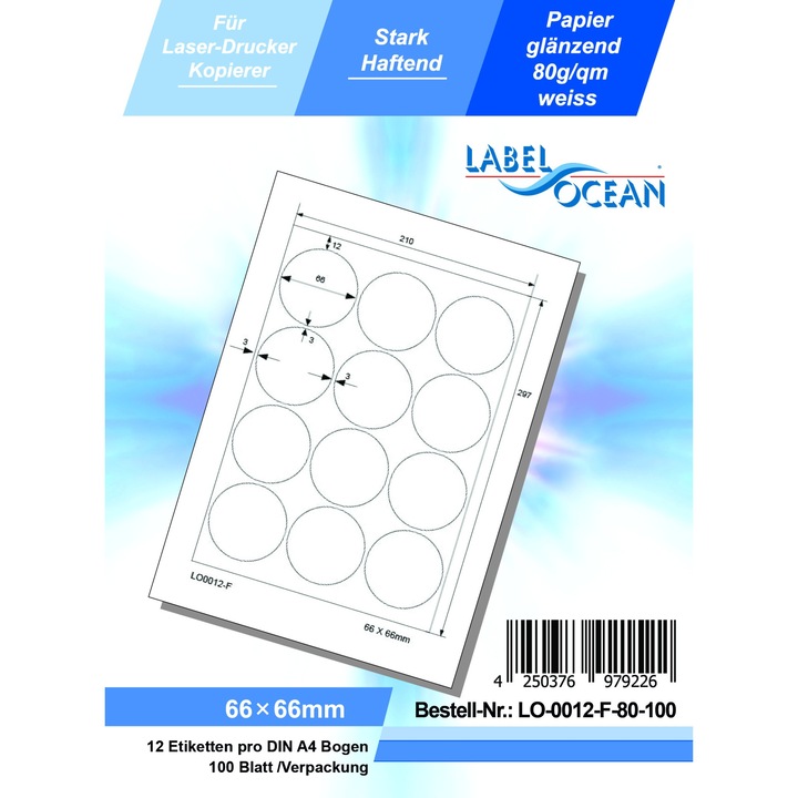 LabelOcean öntapadó címkék A4-es alátámasztó kerek pontokon Ø 66 mm 100 fényes lap