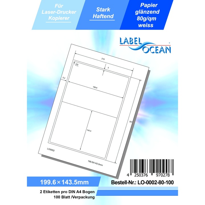 Etichete Autoadezive LabelOcean pe Suport A4 Dimensiuni 199.6x143.5 mm 100 Coli Lucioase